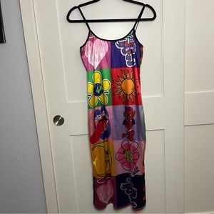 Tunnel Vision Twiggy Rainbow Patch Print Stretch Satin Midi Dress Size Medium